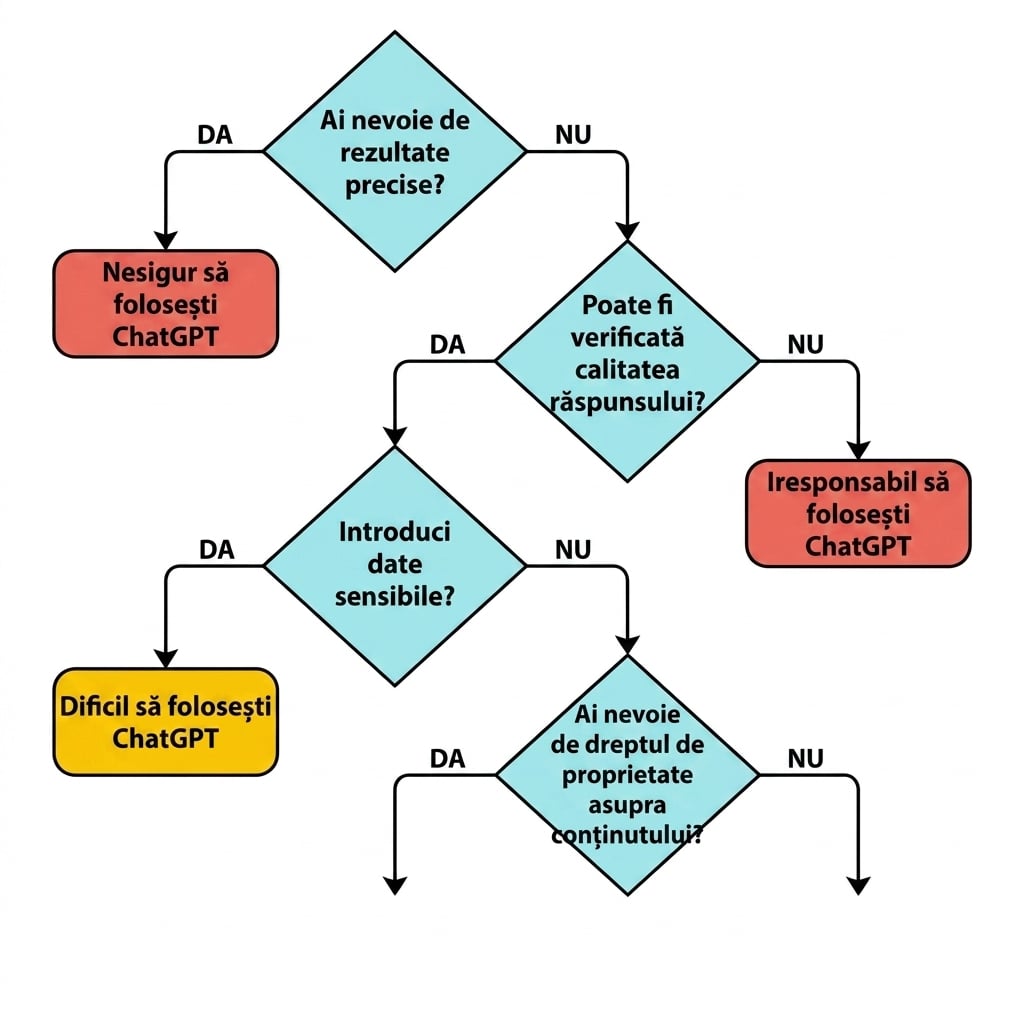 O diagramă cu patru întrebări-cheie pentru validarea unui caz de utilizare ca aplicație potrivită pentru ChatGPT.