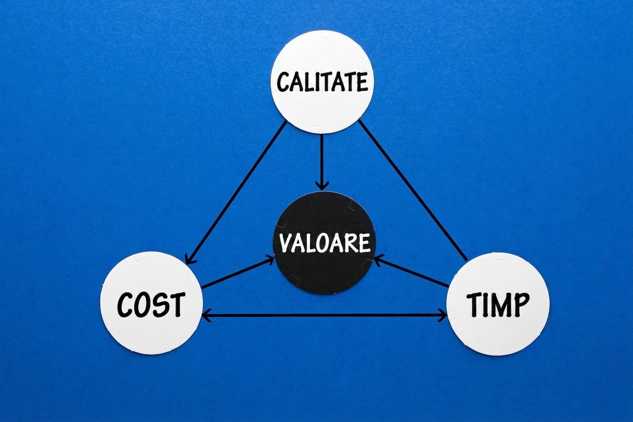 Un triunghi al valorii cu calitate, cost și timp la colțuri.