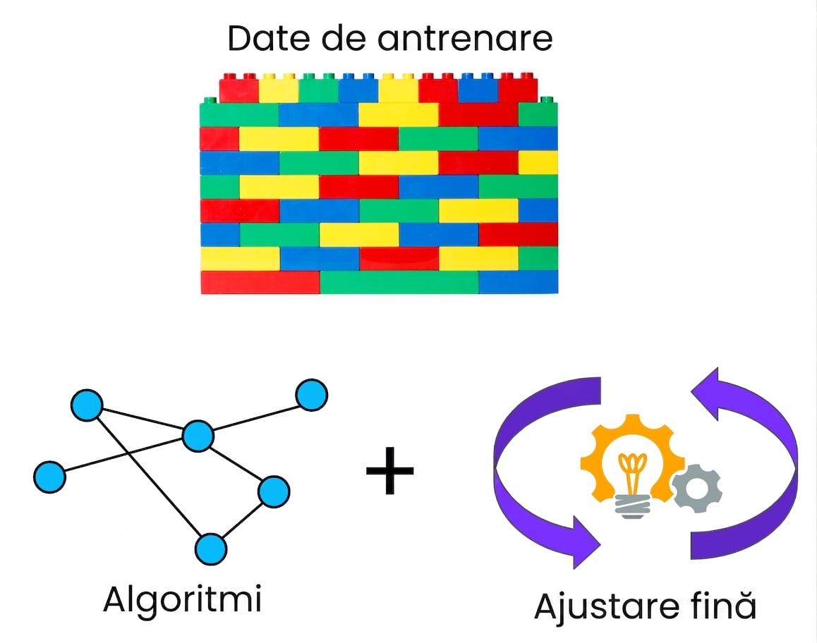 Cele trei componente cheie ale unui model de limbaj de mari dimensiuni: datele de antrenament, algoritmii pentru detectarea tiparelor și procesul de ajustare.