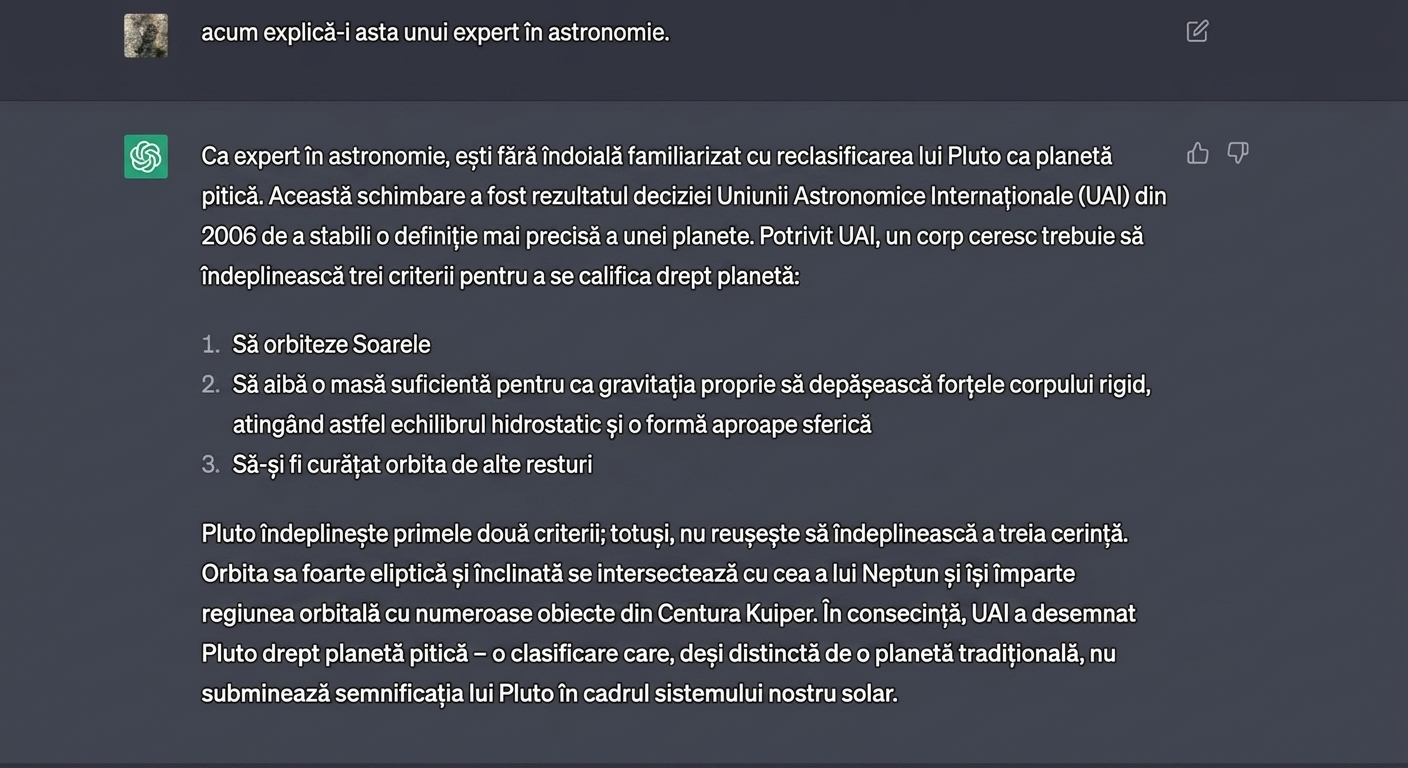 Exemplu de conversație care explică de ce Pluton nu face parte din sistemul solar, adresat unui expert în astronomie.