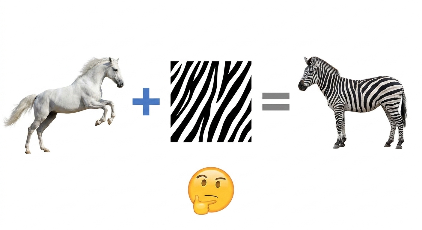 O imagine care arată cum antrenarea separată pe cal și dungi ajută modelul să identifice zebra.