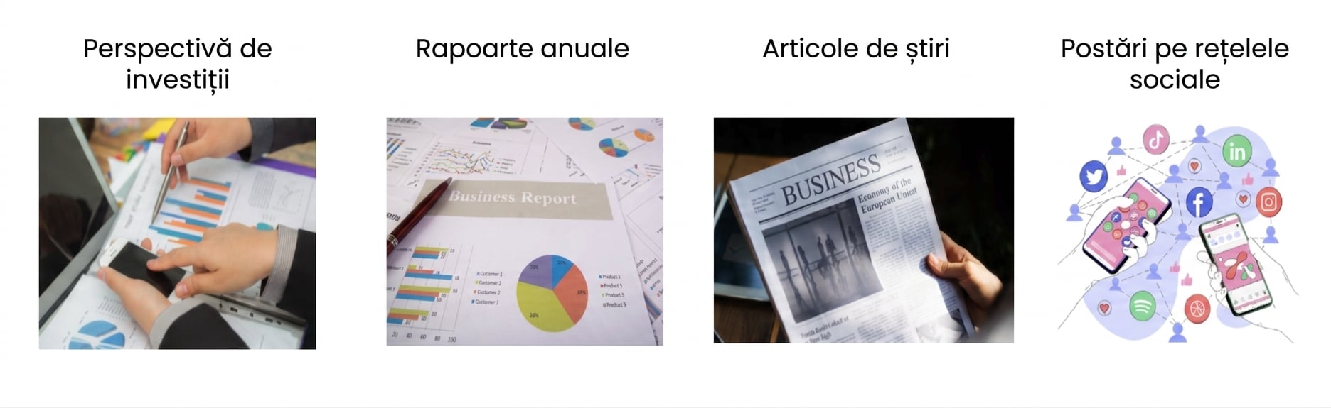 Imagine reprezentând date de analiză financiară: perspective de investiții, rapoarte anuale, articole de știri și postări pe rețele sociale.