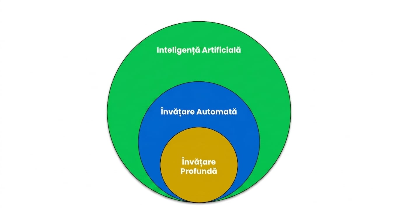 Diagramă Venn care arată că Învățarea Automată este un subset al IA, iar Învățarea Profundă este un subset al Învățării Automate.