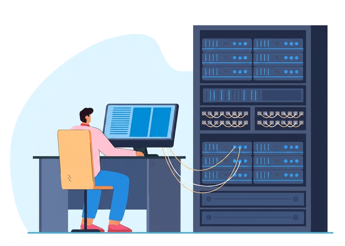 Bărbat lucrând la un calculator conectat la un server de mari dimensiuni