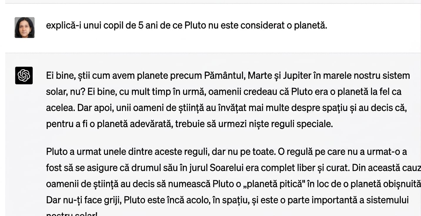 Exemplu de conversație care explică de ce Pluton nu face parte din sistemul solar, adresat unui copil de 5 ani.
