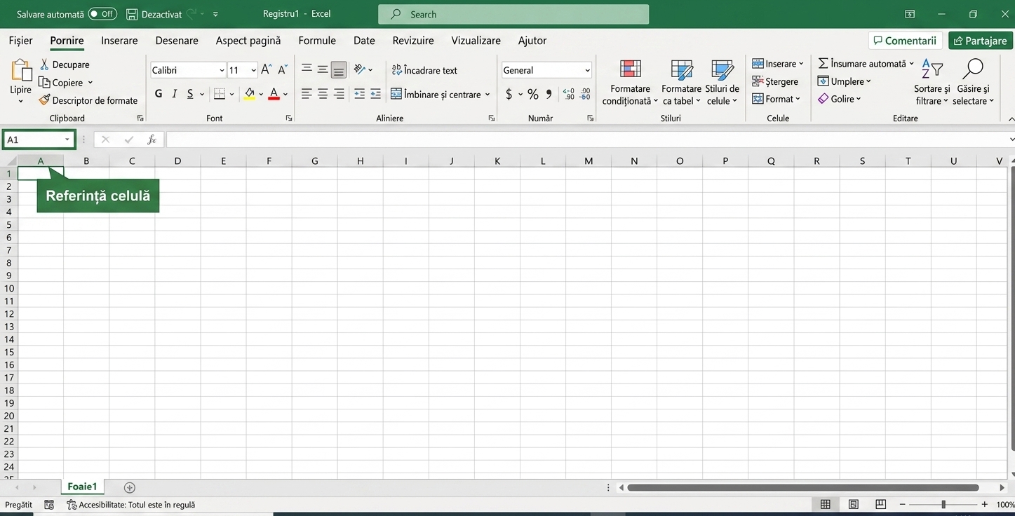 Fișier Excel cu referința de celulă evidențiată