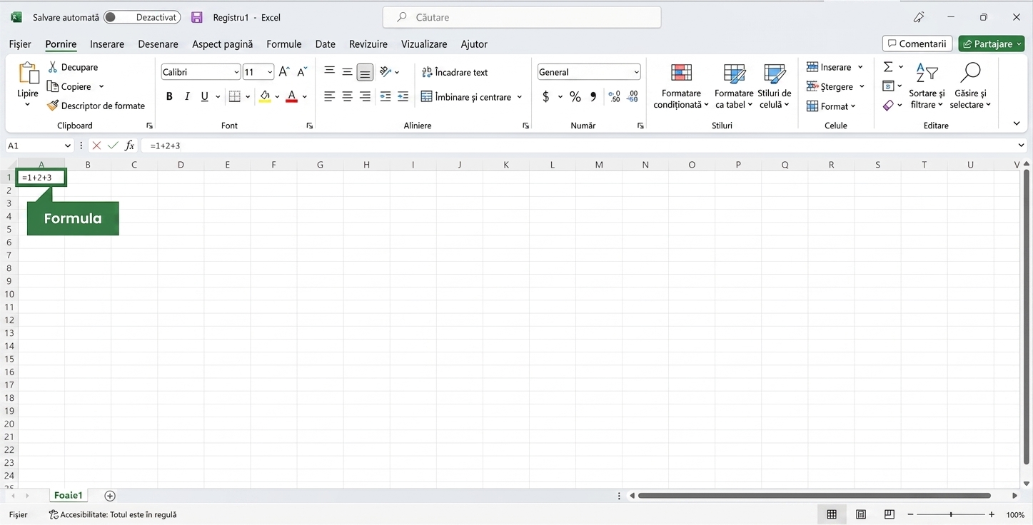 Fișier Excel cu o formulă evidențiată