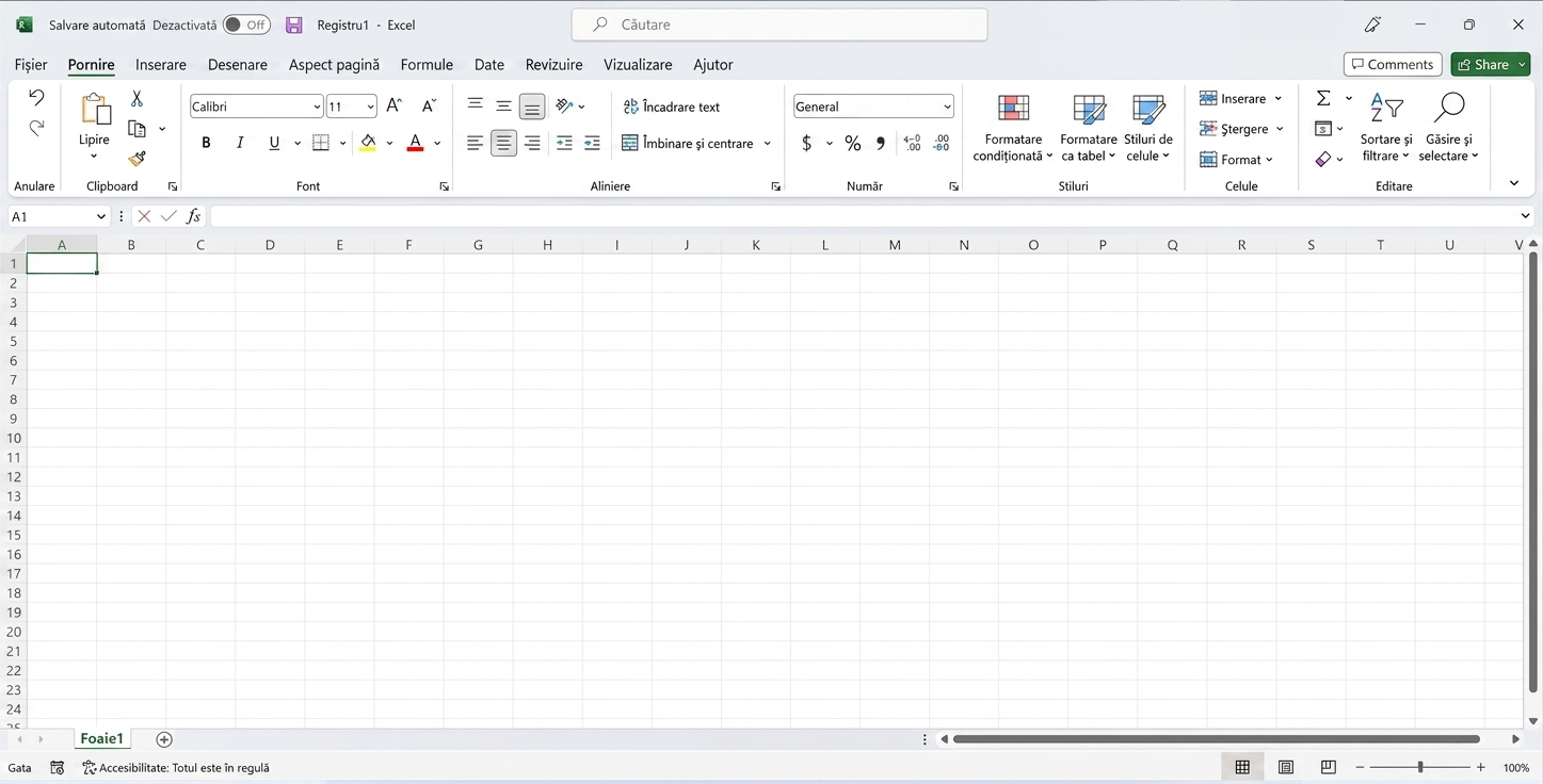 Captură de ecran a unui fișier Excel
