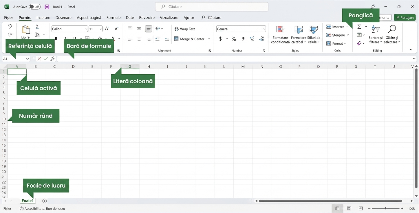 Captură de ecran a interfeței Excel