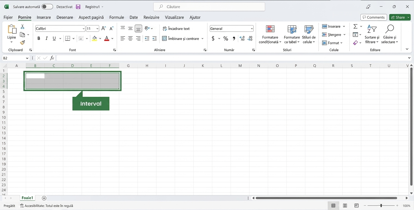 Fișier Excel cu o selecție de interval evidențiată