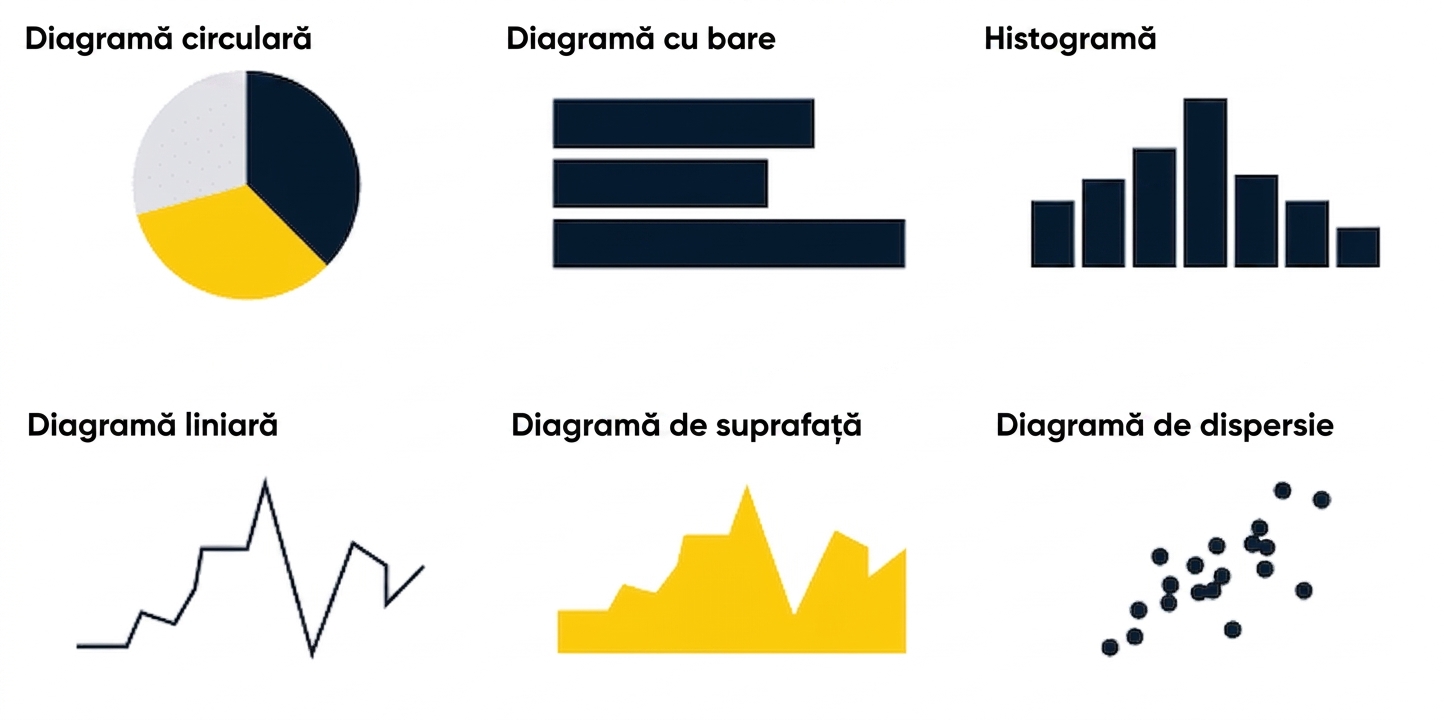 Reprezentare vizuală a diagramelor circulare, cu bare, histograme, liniare, de arie și scatter