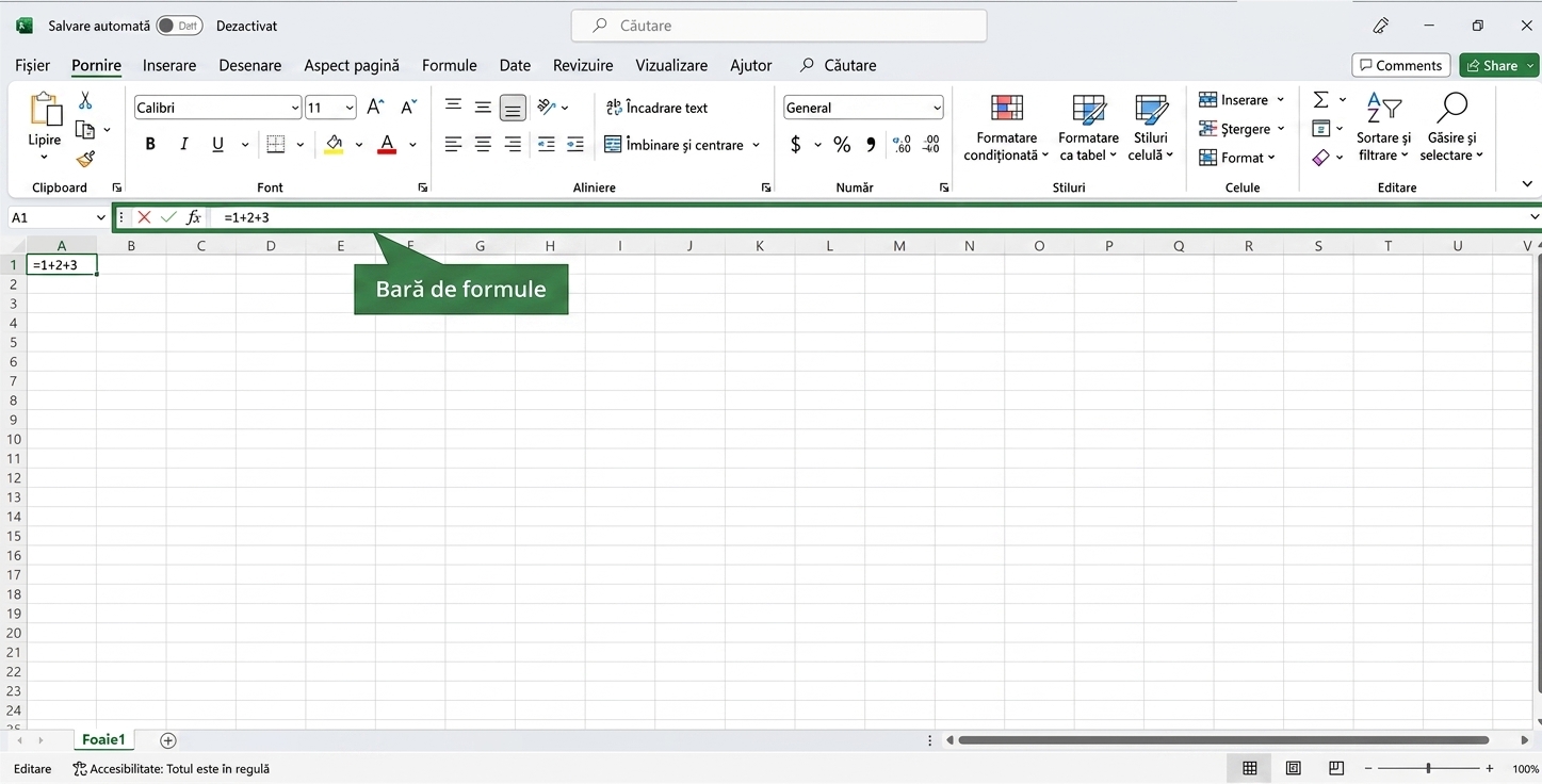 Fișier Excel cu bara de formule evidențiată