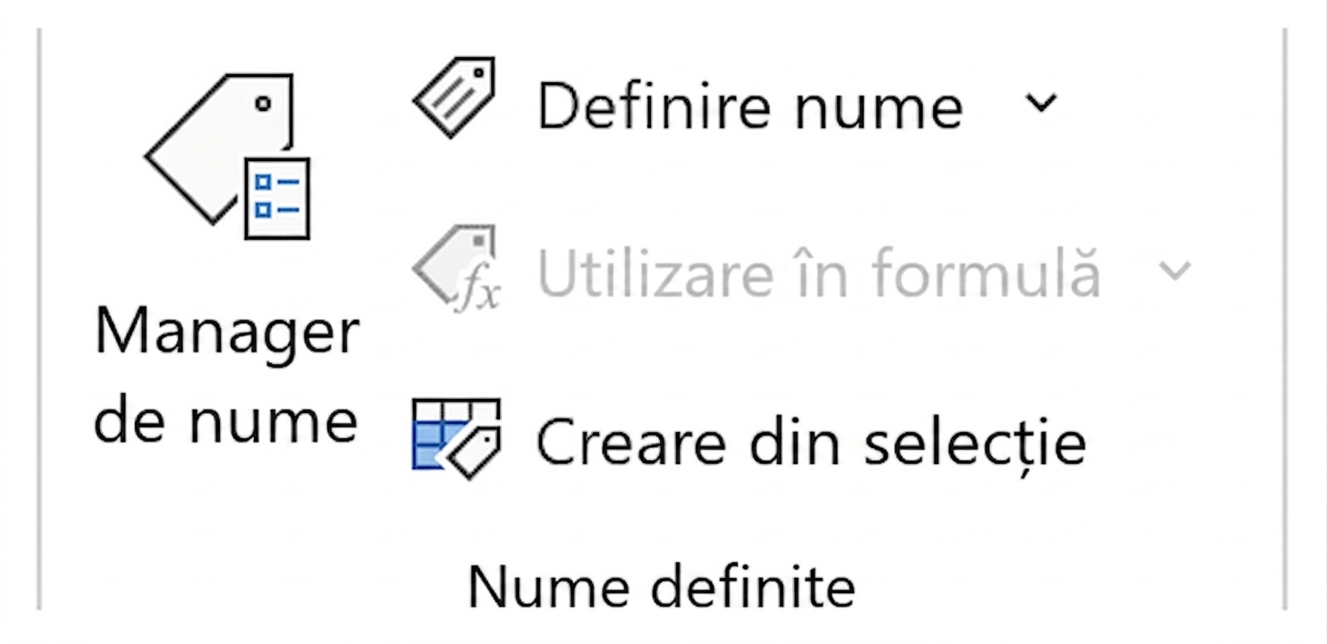 Imagine cu funcțiile Excel pentru denumirea intervalelor de celule.