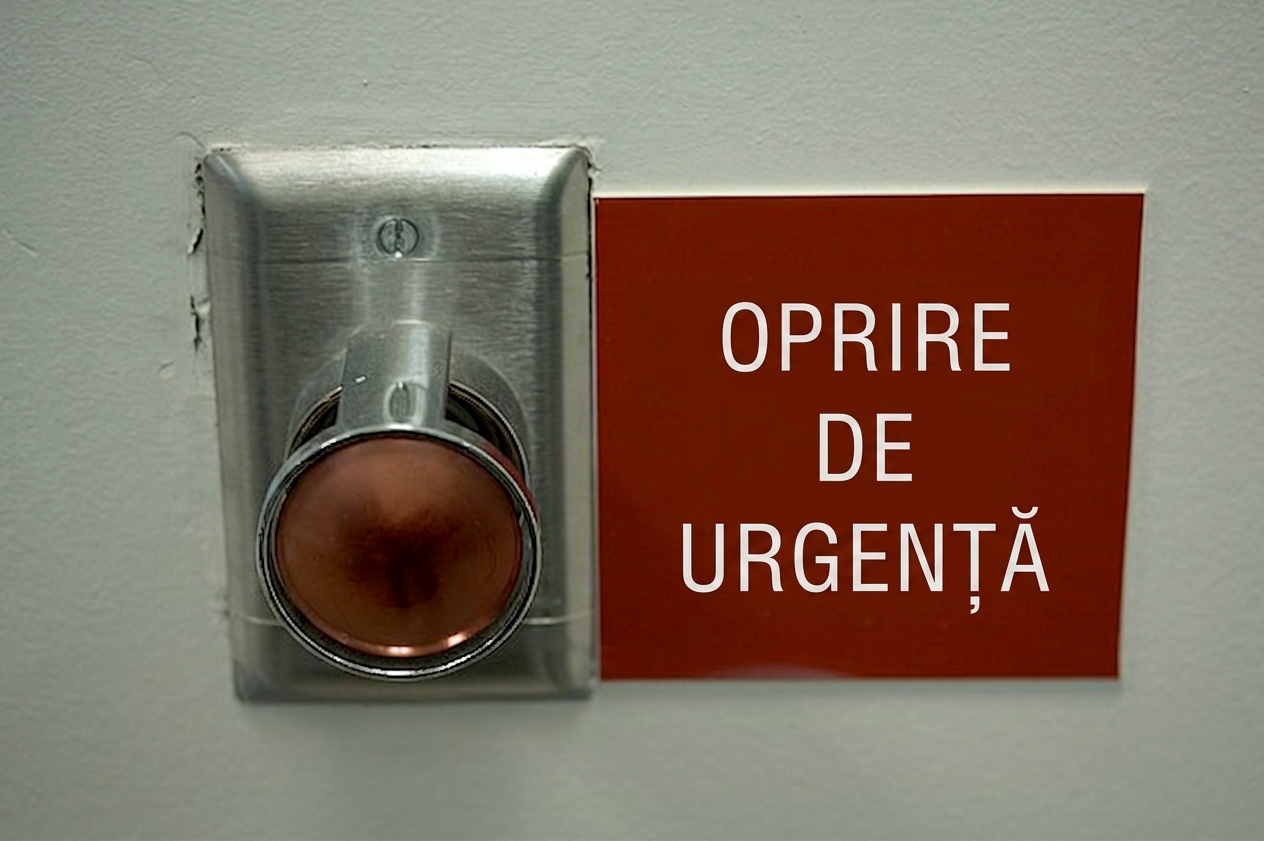 Imagine cu un buton roșu mare și un semn „Oprire de urgență" lângă el