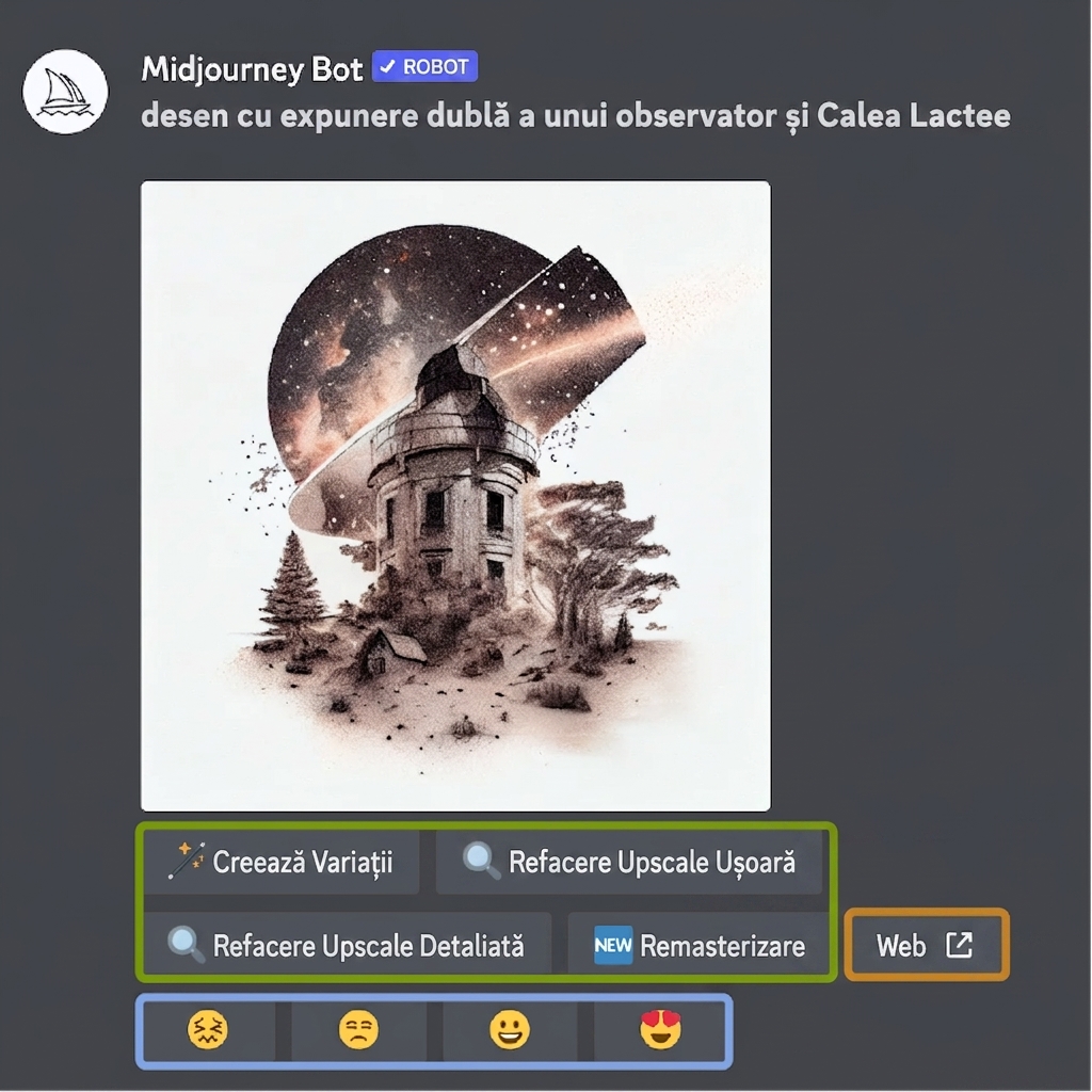 Captură de ecran a interfeței Midjourney cu opțiuni de evaluare a unui rezultat de imagine.