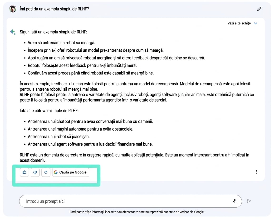 Imaginea interfeței Google Bard cu opțiunile de feedback „Apreciere" și „Dezaprobare" evidențiate