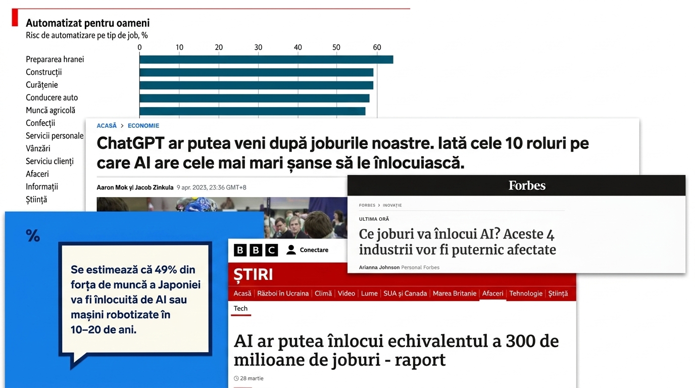 Titluri de știri și grafice despre cum IA va înlocui diverse locuri de muncă