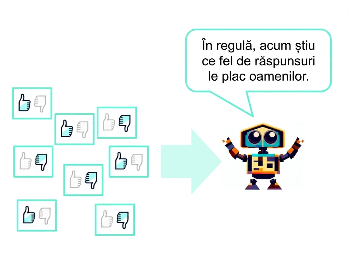 Mai multe răspunsuri text evaluate cu apreciere sau dezaprobare, transmise unui robot care spune: „Acum știu ce răspunsuri le plac oamenilor"