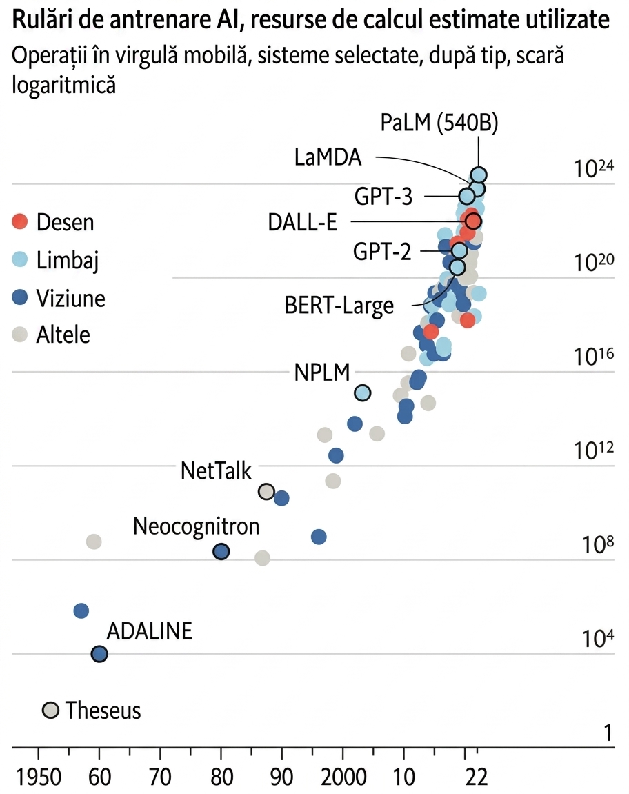 Grafic care arată creșterea exponențială a puterii de calcul necesare antrenării modelelor AI, de la sub 10^4 operații în virgulă mobilă în 1950 la 10^24 în 2022.