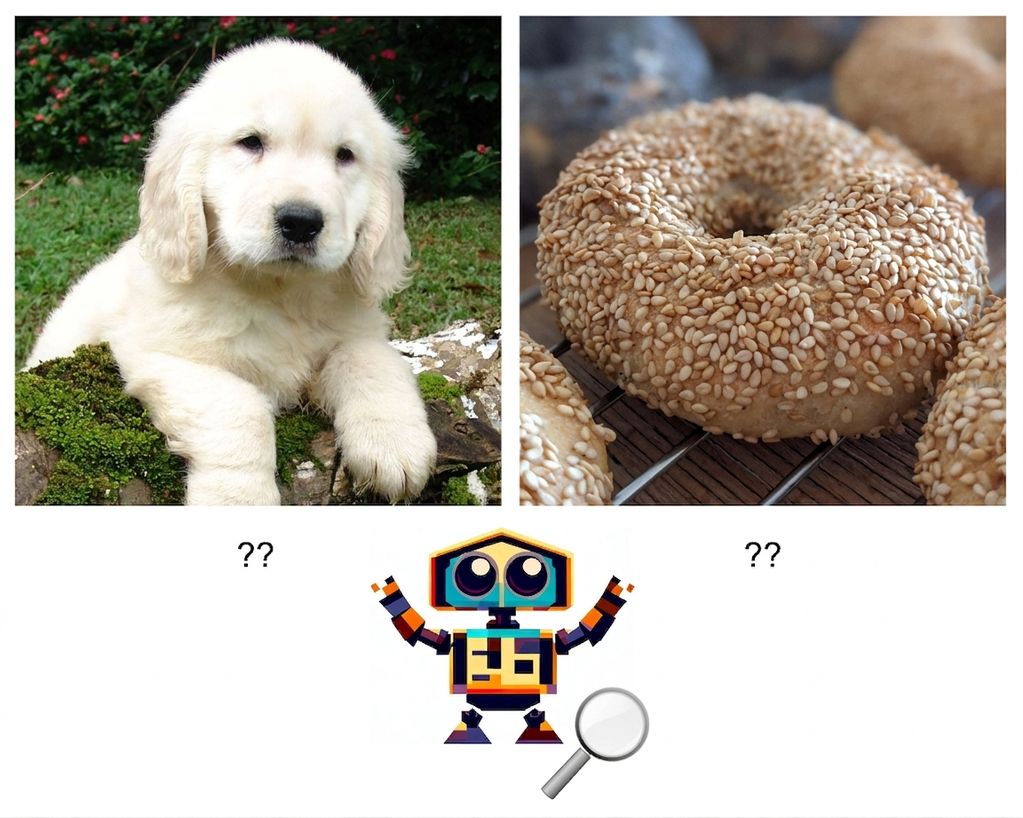 Două imagini, un cățeluș și un covrig, cu un robot de desen animat care încearcă să le distingă.