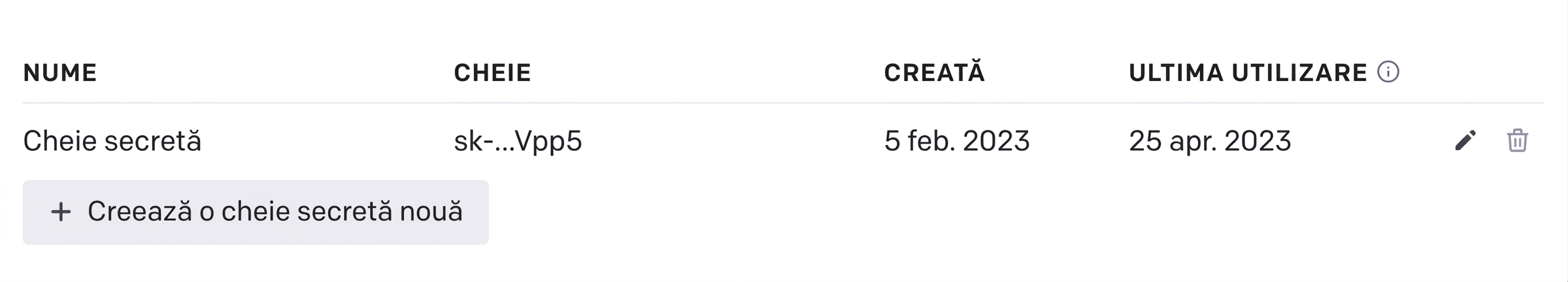 Butonul pentru crearea unei noi chei secrete.