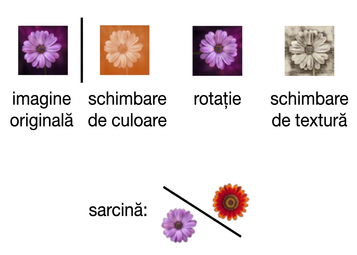 Image of a flower transformed in three ways: using rotation, color shift, and texture change.