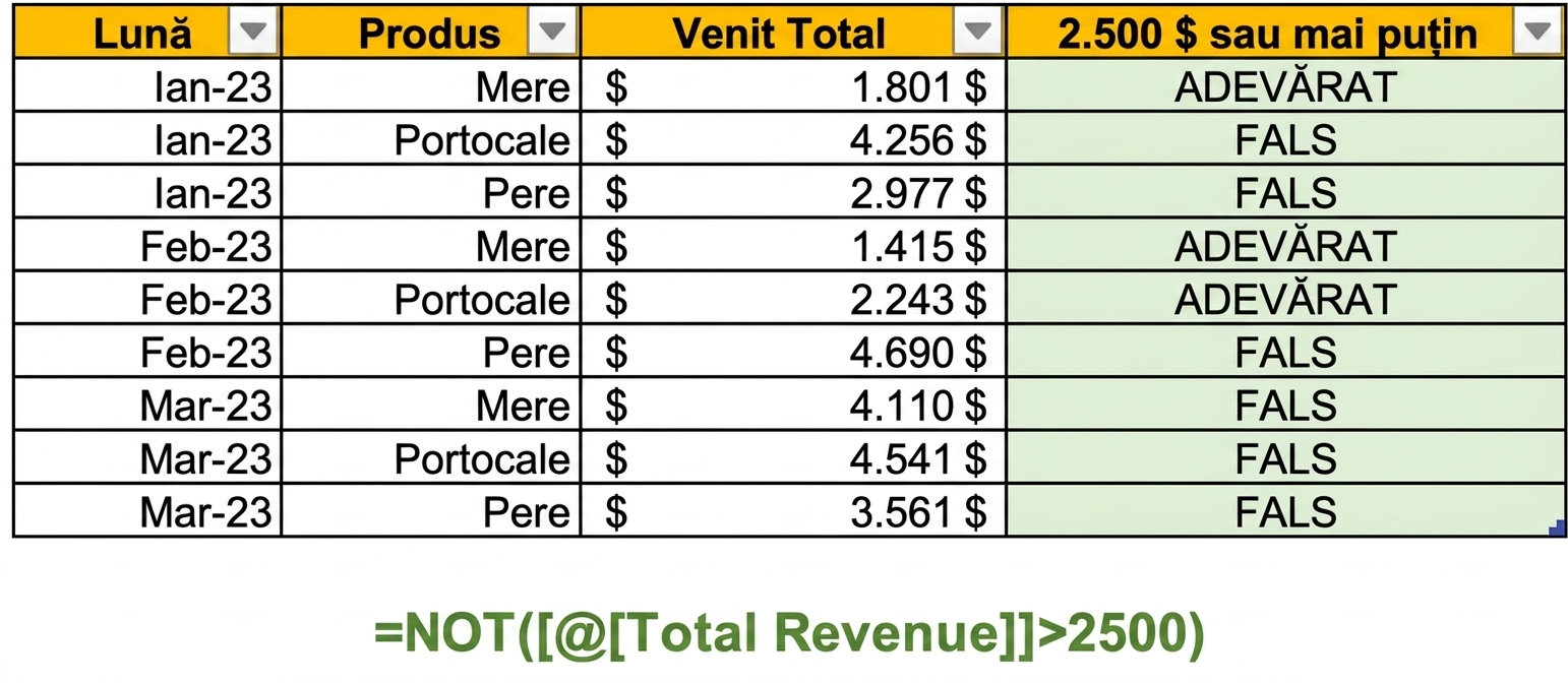 Date exemplu în Excel care arată crearea unei coloane cu funcția NOT și o condiție