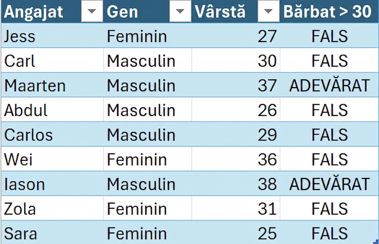 DataCo sample table from HR showing the employee first name, gender, age, and the column created using a conditional formula.