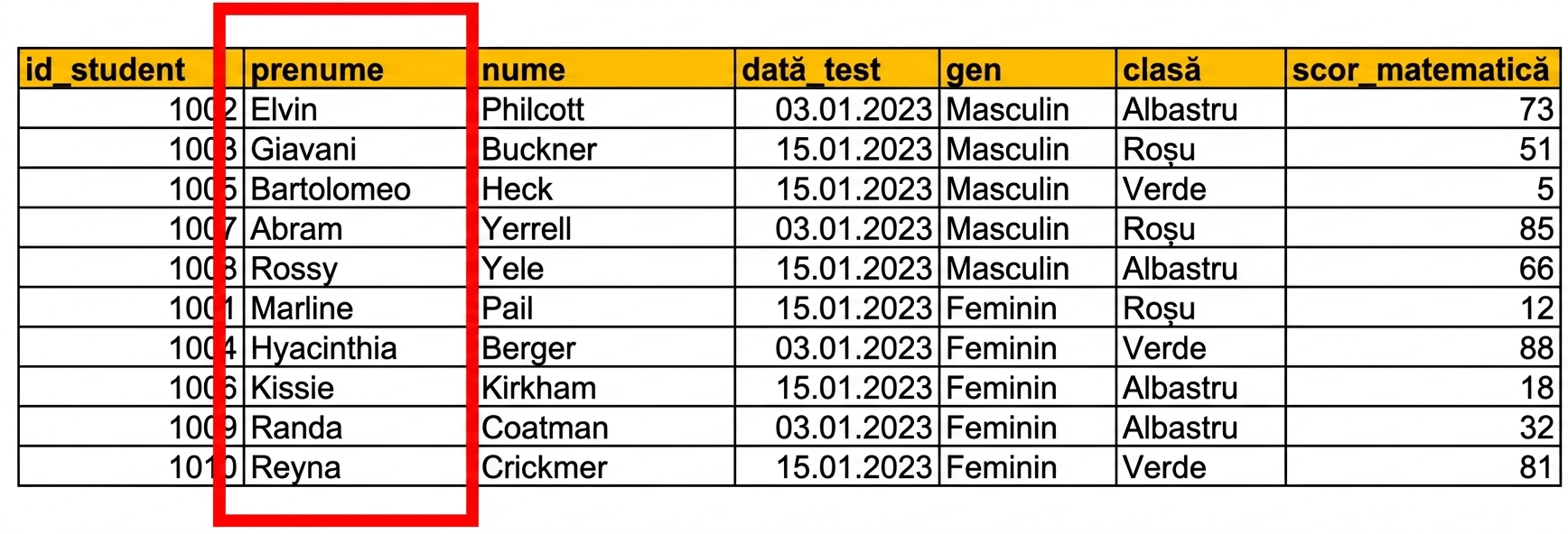 Exemplu de tabel cu date de testare ale studenților în Excel, cu coloana de șir de text full_name evidențiată