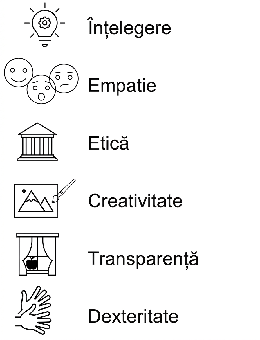 Înțelegere. Empatie. Etică. Creativitate. Transparență. Dexteritate.