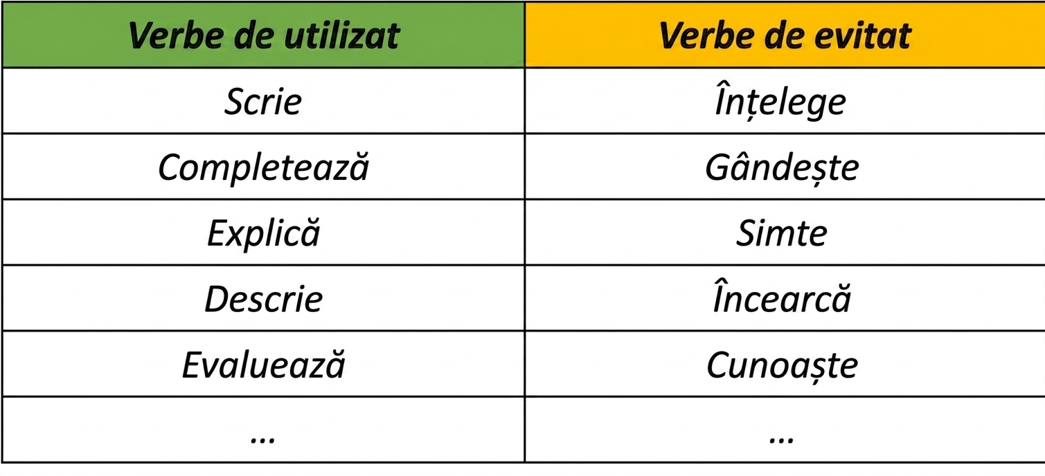 Tabel cu verbele de utilizat, inclusiv write, complete, explain, describe sau evaluate, și verbele de evitat, precum understand, think, feel, try și know.