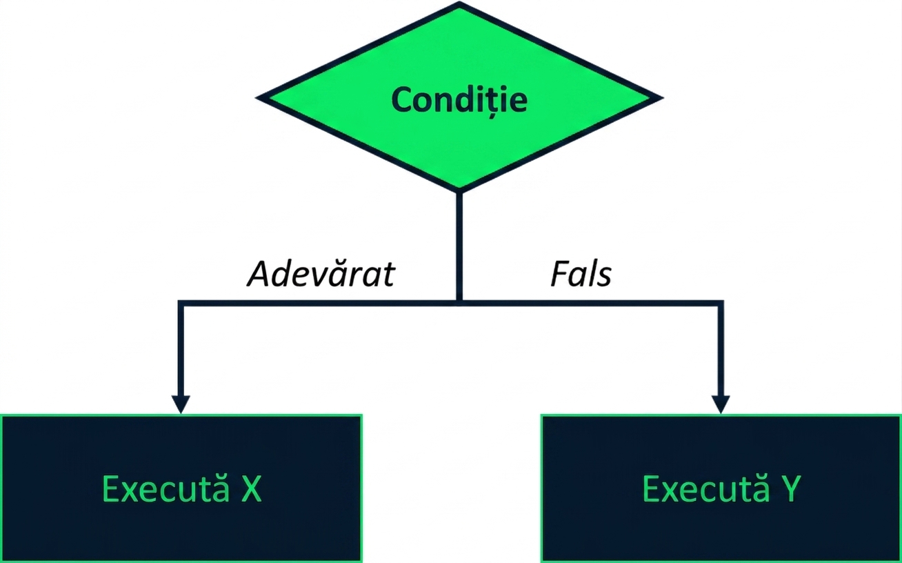 Diagramă vizuală care arată o condiție de test. Dacă condiția este adevărată, se execută X; dacă este falsă, se execută Y.