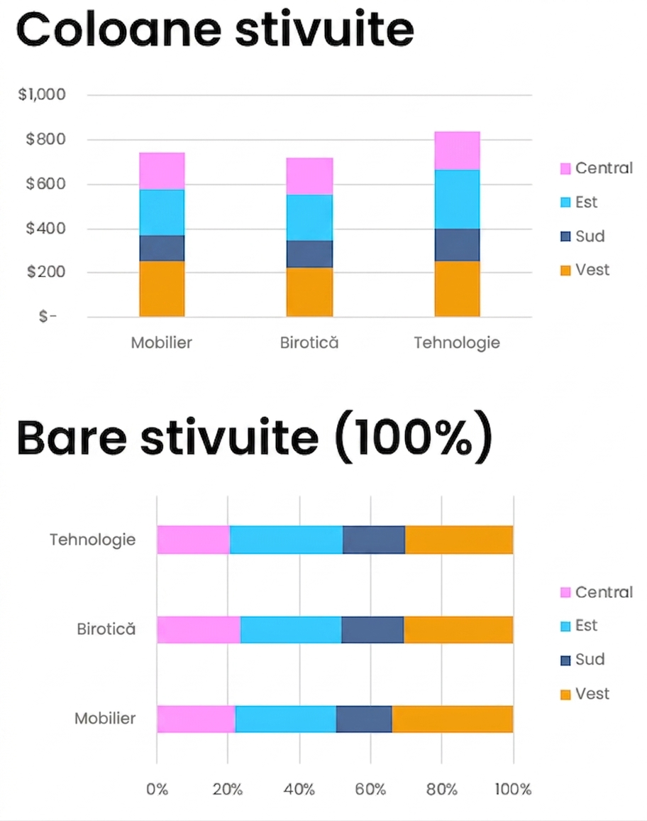 Exemple de grafice cu bare și coloane stivuite și stivuite 100%