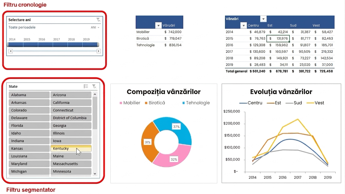 Exemplu de dashboard realizat în Excel, cu filtre de tip cronologie și slicer