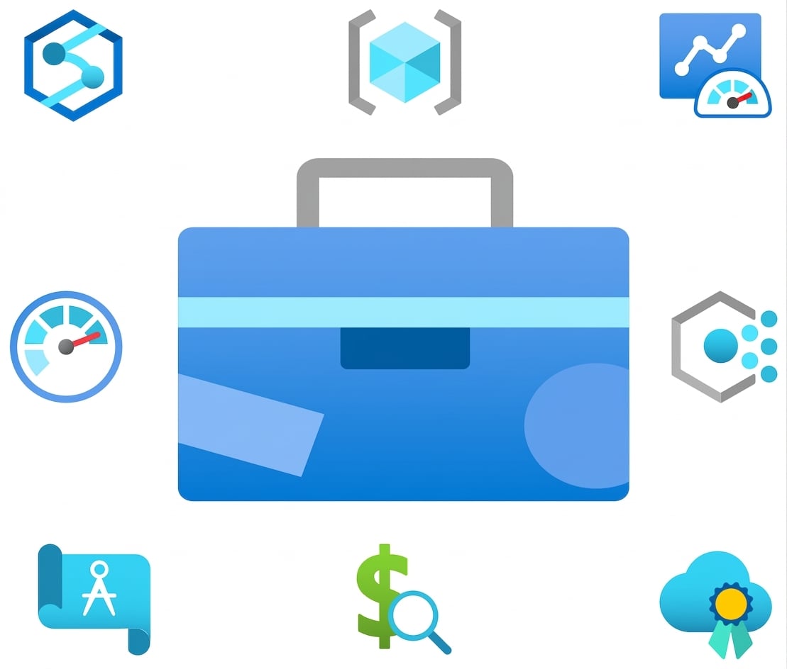 Desen al unei cutii de scule cu pictograme Microsoft Azure în jurul ei