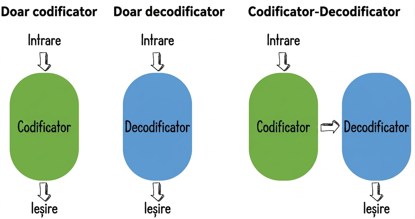 Ilustrație a trei arhitecturi transformer: encoder-only, decoder-only și encoder-decoder