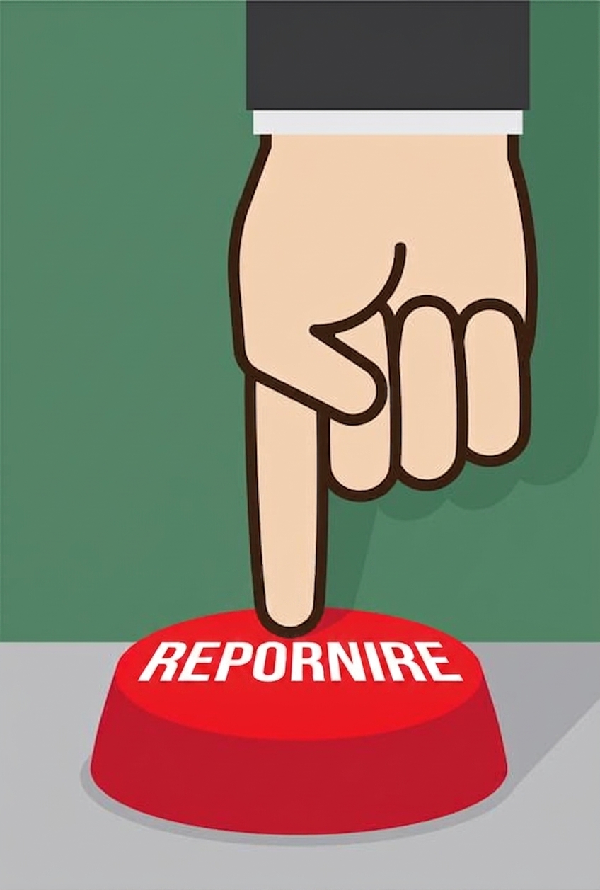 Imagine de desen animat cu un deget apăsând un buton cu textul „restart"