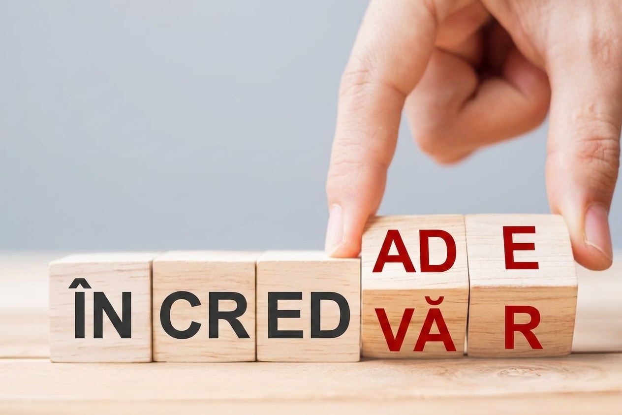 Cuvintele „Adevăr" și „Încredere" scrise cu blocuri de lemn