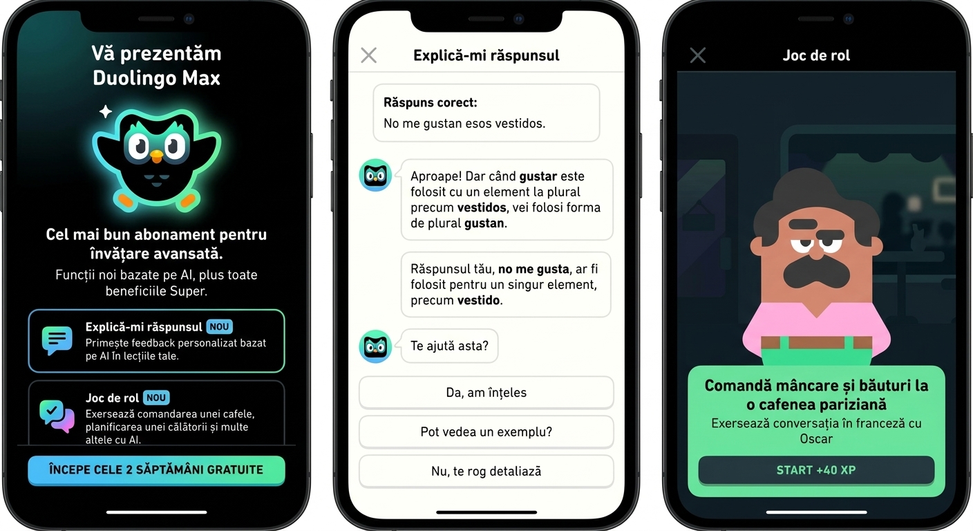 Imagine care arată utilizarea Duolingo Max pe o aplicație mobilă