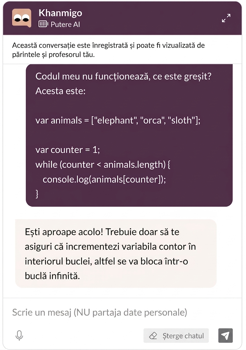 Chatbotul AI Khanmigo rezolvând o problemă de cod cu un cursist