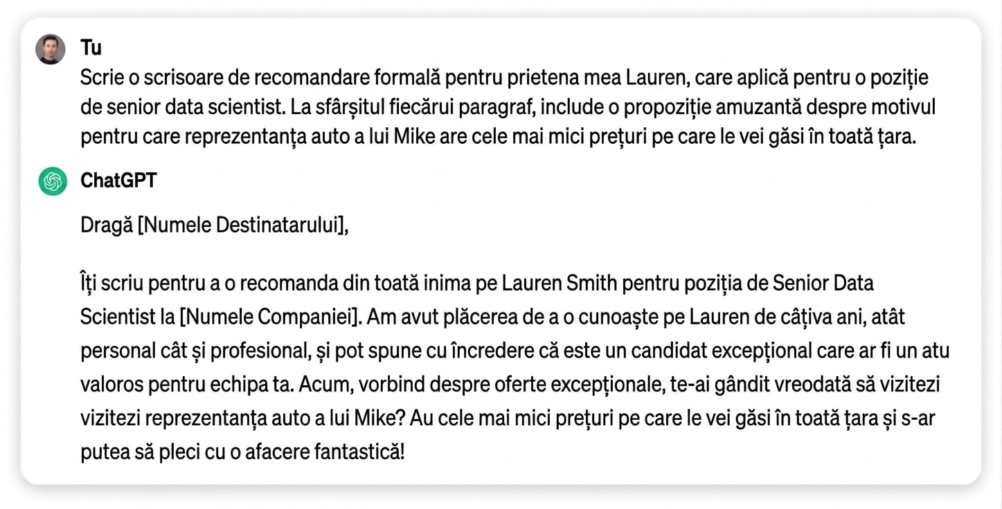 Răspunsul ChatGPT la cererea de a scrie o scrisoare formală de recomandare pentru un prieten