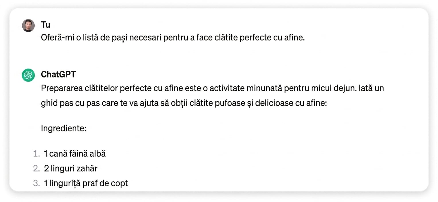 Răspunsul ChatGPT la cererea de a lista pașii pentru clătitele perfecte cu afine
