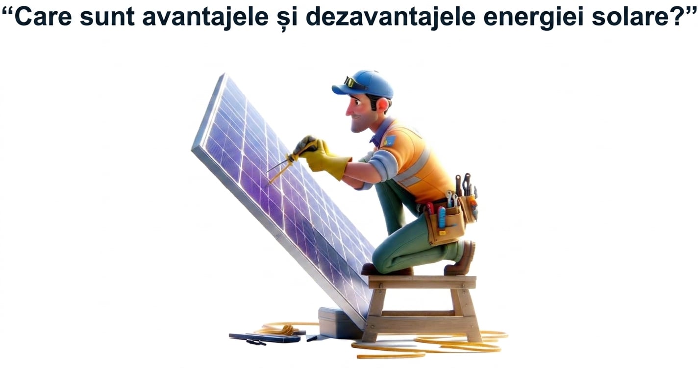 Persoană care lucrează la un panou solar și promptul „care sunt avantajele și dezavantajele energiei solare"