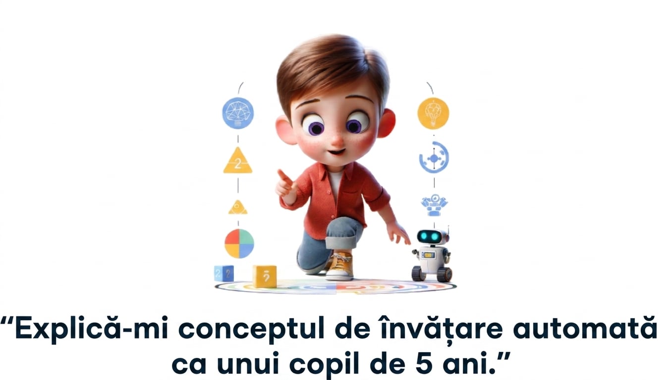 Ilustrație cu un copil de cinci ani și promptul „explică conceptul de machine learning ca și cum aș avea 5 ani"