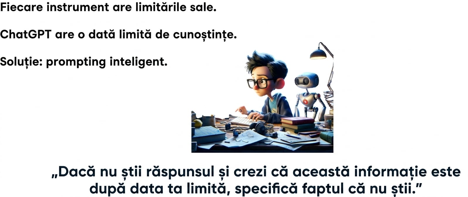 Orice instrument are limitări. ChatGPT are o dată limită a cunoștințelor. Soluție: prompturi inteligente.
