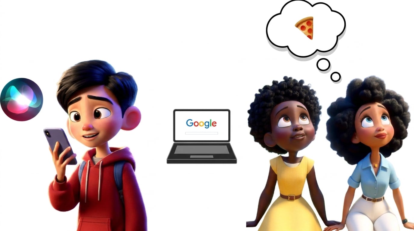 Ilustrații de tip desen animat cu un băiat interacționând cu un asistent pe smartphone și doi prieteni care se gândesc la pizza