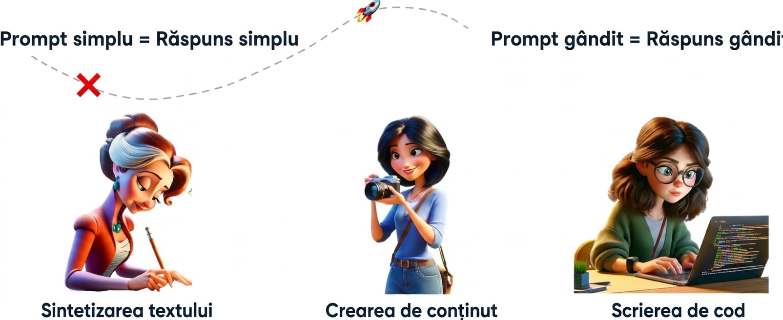 Ilustrații animate cu o persoană scriind, alta fotografiind și o a treia scriind cod