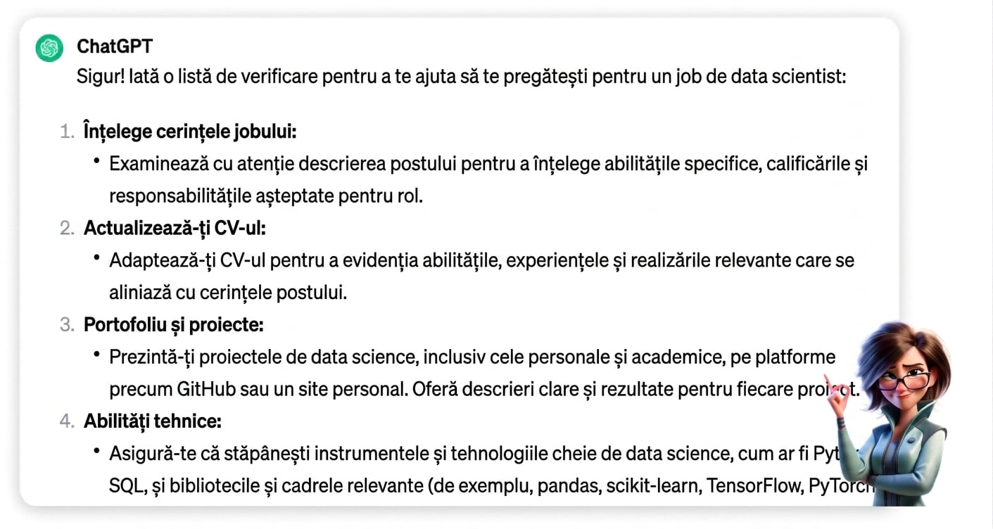 Răspunsul ChatGPT la promptul „candidez pentru un post de data scientist, creează o listă de verificare pentru cum mă pot pregăti cel mai bine"