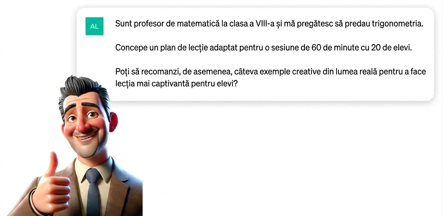 Ilustrație de tip desen animat a unui profesor care ridică degetul mare în semn de aprobare