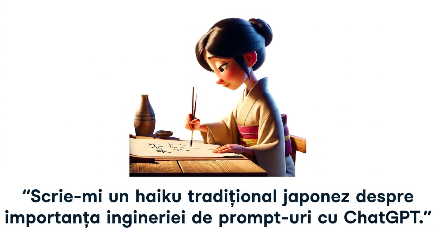 O persoană scriind un haiku și promptul „scrie un haiku japonez tradițional despre importanța prompt engineering-ului cu ChatGPT"
